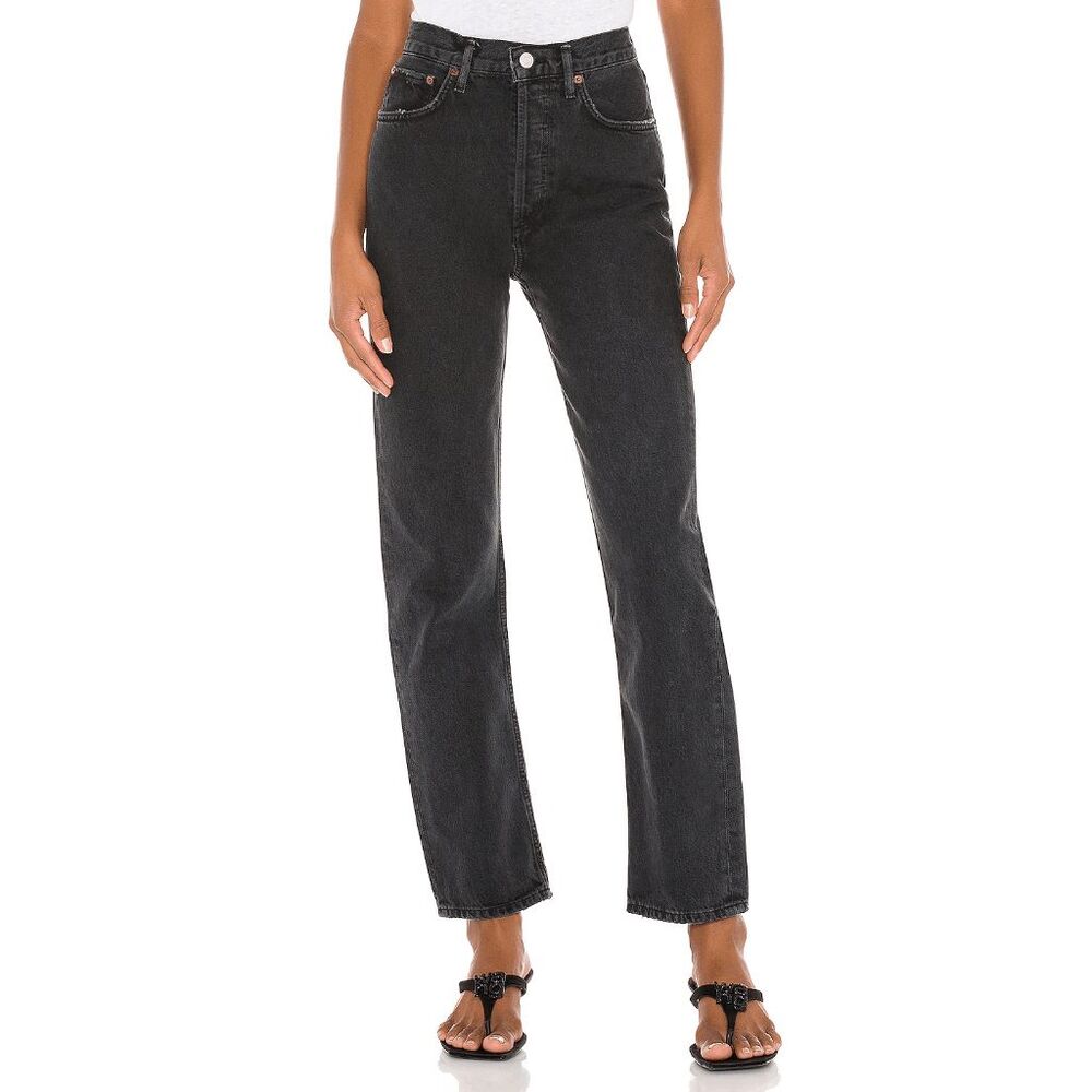 Agolde Black Tea Wash Denim 90's Pinch Waist Cropped Jeans Women's Size 25